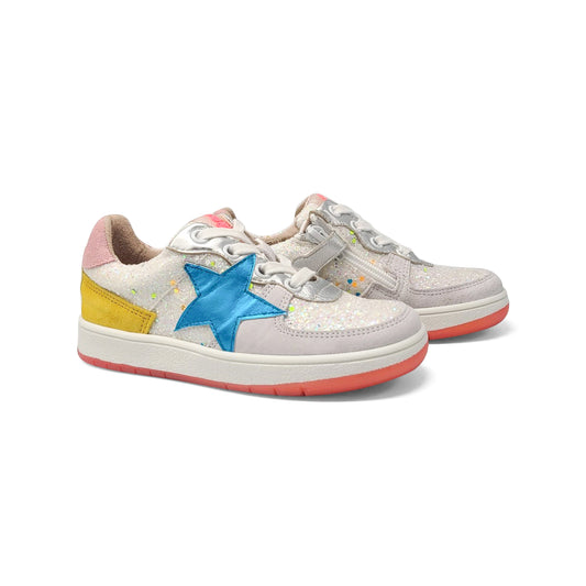 Acebos White Pink Glitter Blue Star Lace Up Sneaker 9942