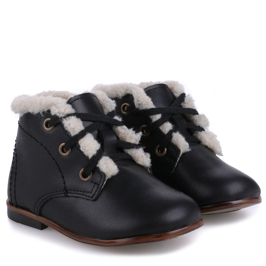 Emel Black Leather & White Fur Baby Bootie E2408A