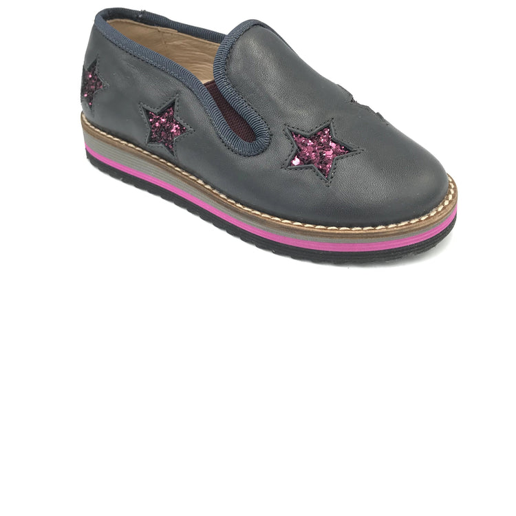 Hoo Dark Grey Leather Pink Glitter Star Slip on Loafer 2276 *Size 33