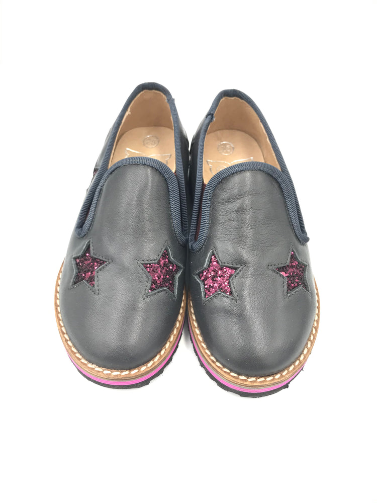 Hoo Dark Grey Leather Pink Glitter Star Slip on Loafer 2276 *Size 33