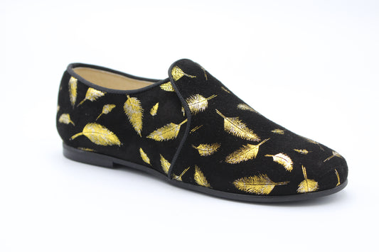 Blublonc Black Suede Gold Leaf Smoking Slip On BR23