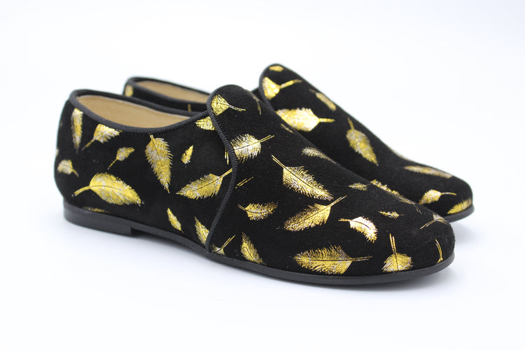 Blublonc Black Suede Gold Leaf Smoking Slip On BR23