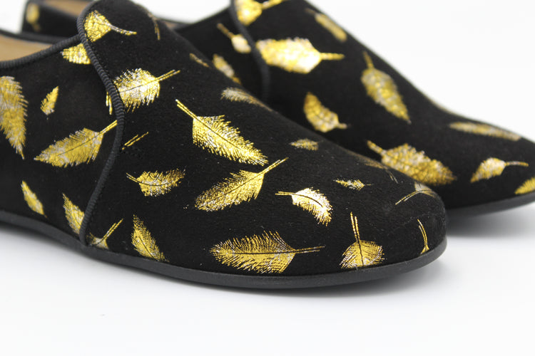 Blublonc Black Suede Gold Leaf Smoking Slip On BR23