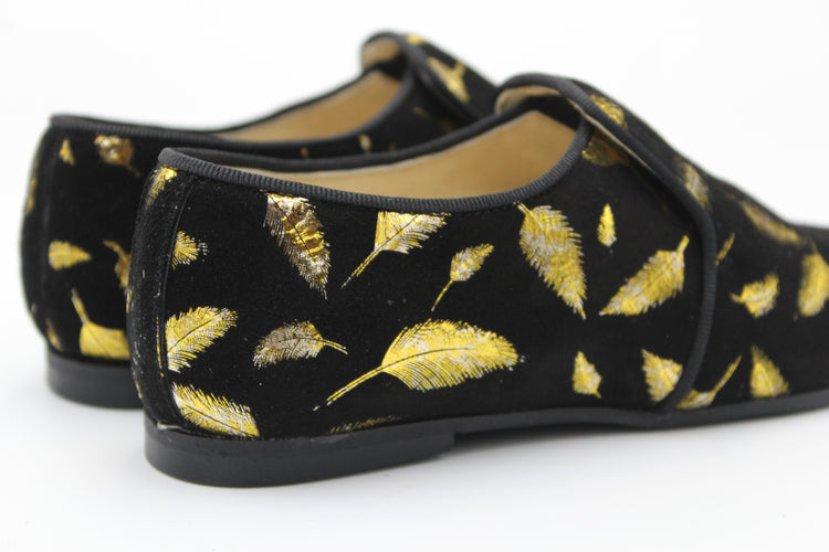 Blublonc Black Suede Gold Leaf Smoking Slip On BR23