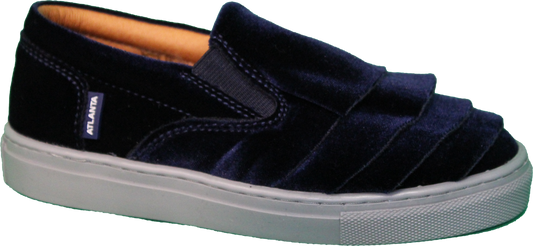 Atlanta Mocassin Navy Velvet Ruffle Sneaker With Grey Sole