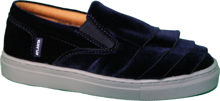 Atlanta Mocassin Navy Velvet Ruffle Sneaker With Grey Sole