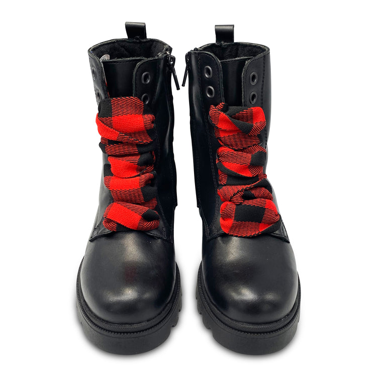 Confetti Black Leather Red Plaid Lace Bootie 3532