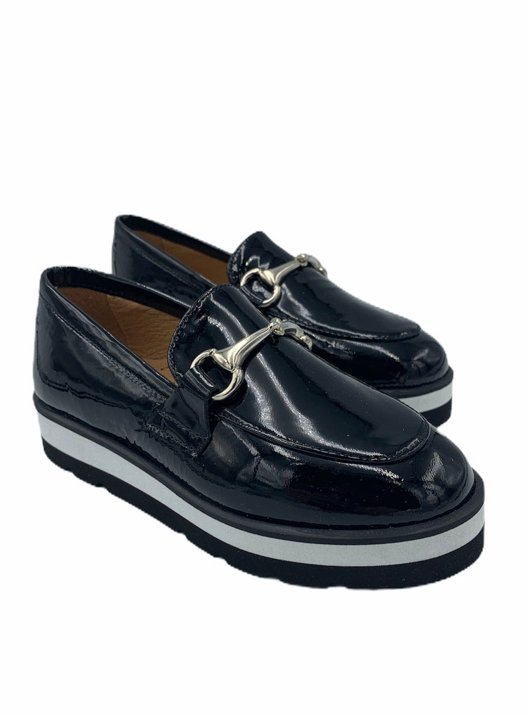 TNY Black Patent Chain Slip On Loafer with Black & White Sole 158607