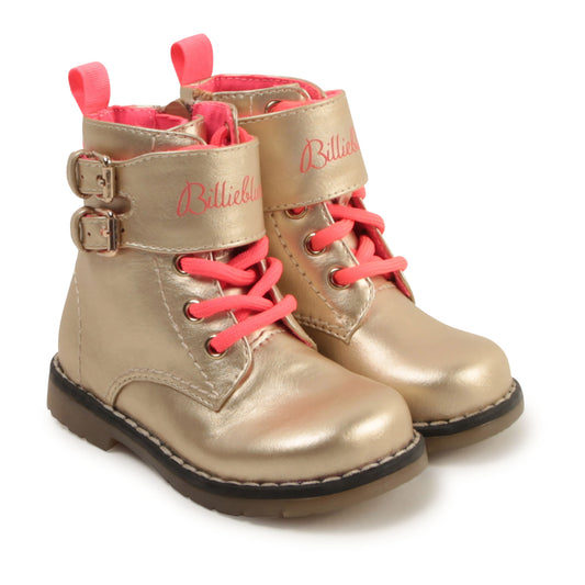 Billieblush Gold Neon Pink Combat Boot with Side Zipper Closure U09091