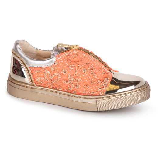 Papanatas Gold Neon Orange Zipper Sneaker 8566y