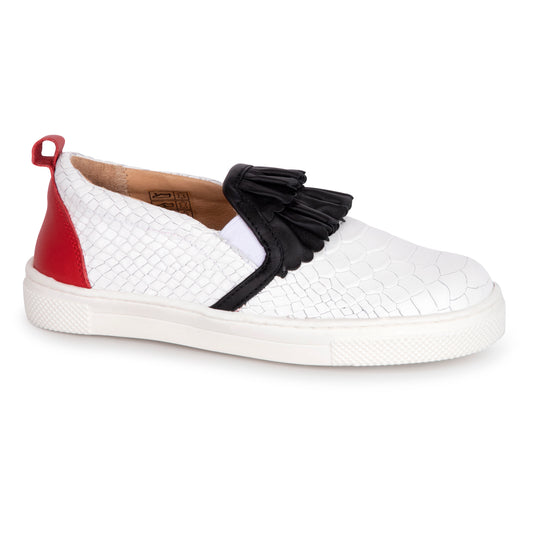 TNY White Crocodile Black Ruffle Red Leather Slip On Sneaker  15428