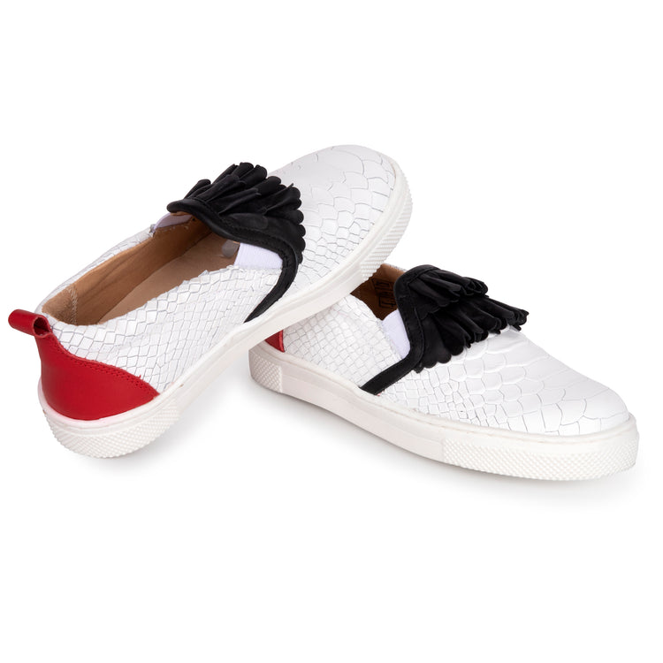 TNY White Crocodile Black Ruffle Red Leather Slip On Sneaker  15428
