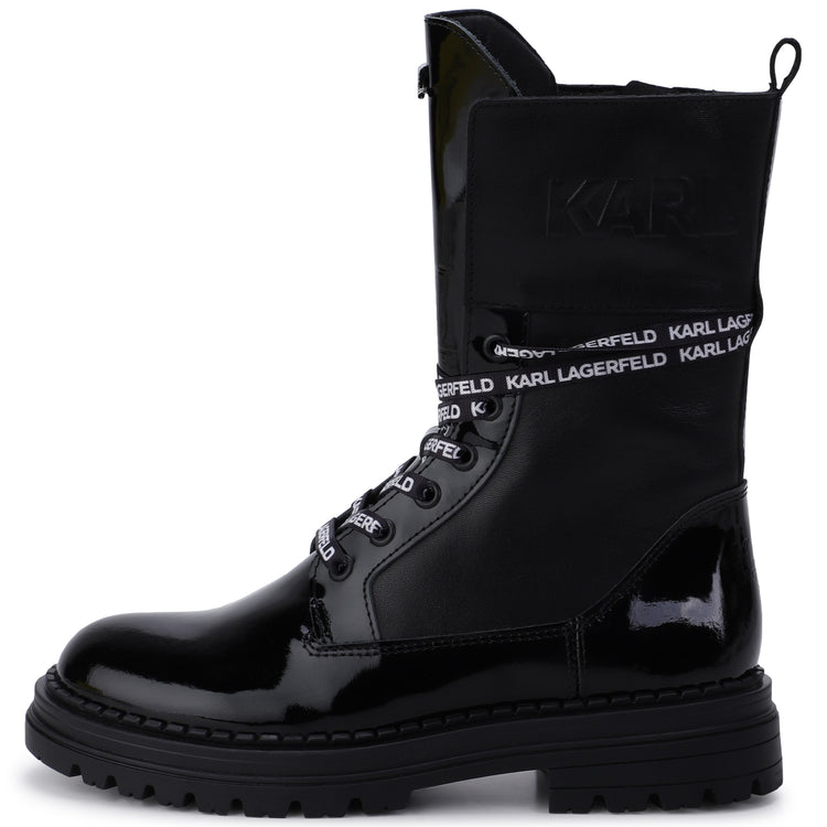 Karl Lagerfeld Black Patent Lace Up Zipper Bootie