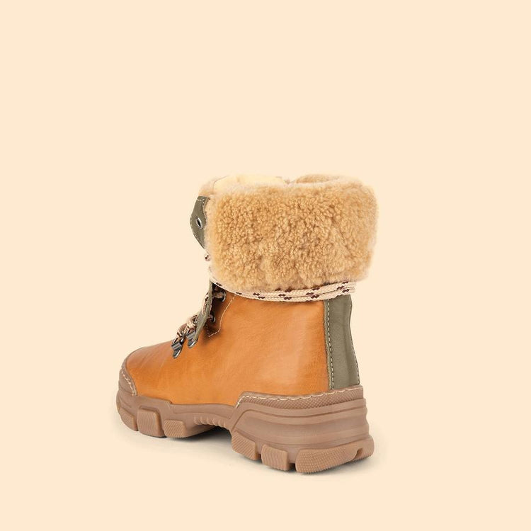 Dulis Camel Olive Green Shearling Trim Lug Sole Bootie 0453