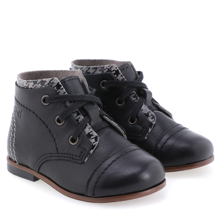 Emel Black Leather Grey Houndstooth Lace Up Bootie 3839