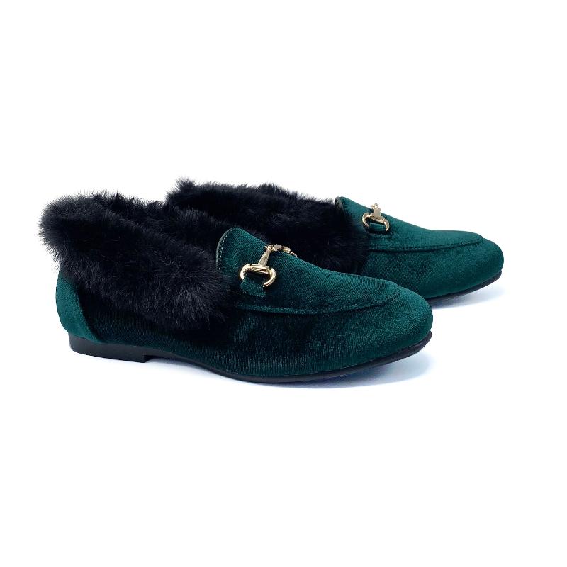 gufanpei-forest-green-fur-slip-on-girls