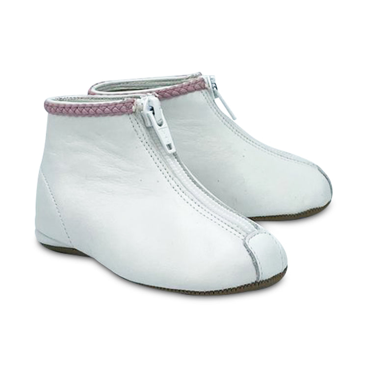 Pepe' ES X LS White Leather Pink Ribbon Trim Front Zipper Bootie 225-21