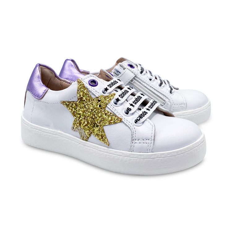 Acebos Gold Star White Leather Lilac Strip Lace up Sneaker 5461