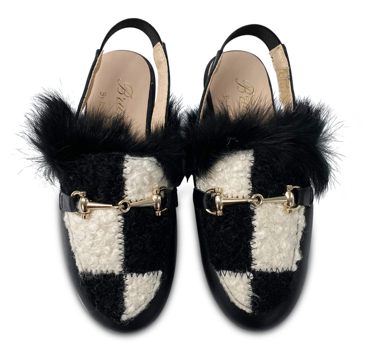 Brunellis Black White Shearling Chain Slingback Mule 3021