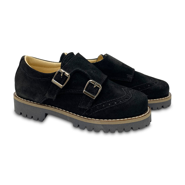 Blublonc Harper Black Suede Double Monk Velcro School Shoe