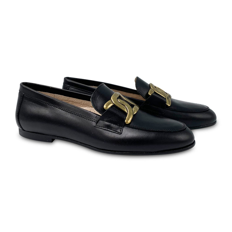 Hoo Black Leather Brushed Gold Curb Chain Slip On Loafer 3257
