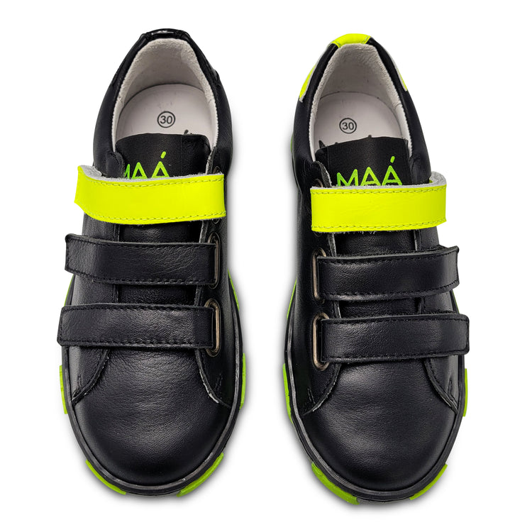 Maa by Manuela Black Leather Neon Yellow Star Velcro Sneaker C341