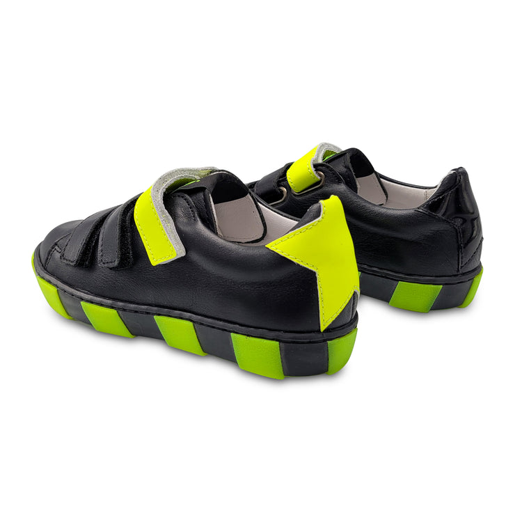 Maa by Manuela Black Leather Neon Yellow Star Velcro Sneaker C341