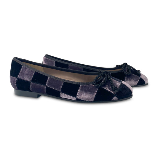 Brunellis Black Grey Velvet Quilt Bow Ballet Slip On 101