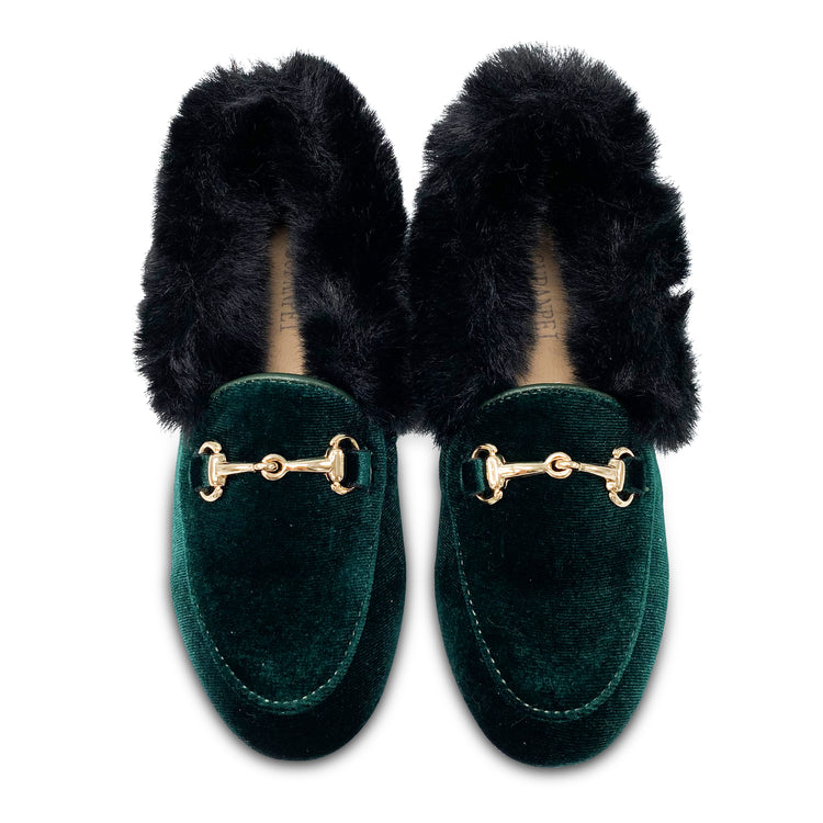 Gufanpei Forest Green Velvet Fur Chain Slip on 186813