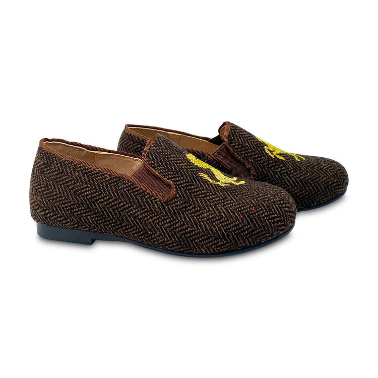 Gufanpei Brown Houndstooth with Gold Horse Embroidery Smoking Shoe 031